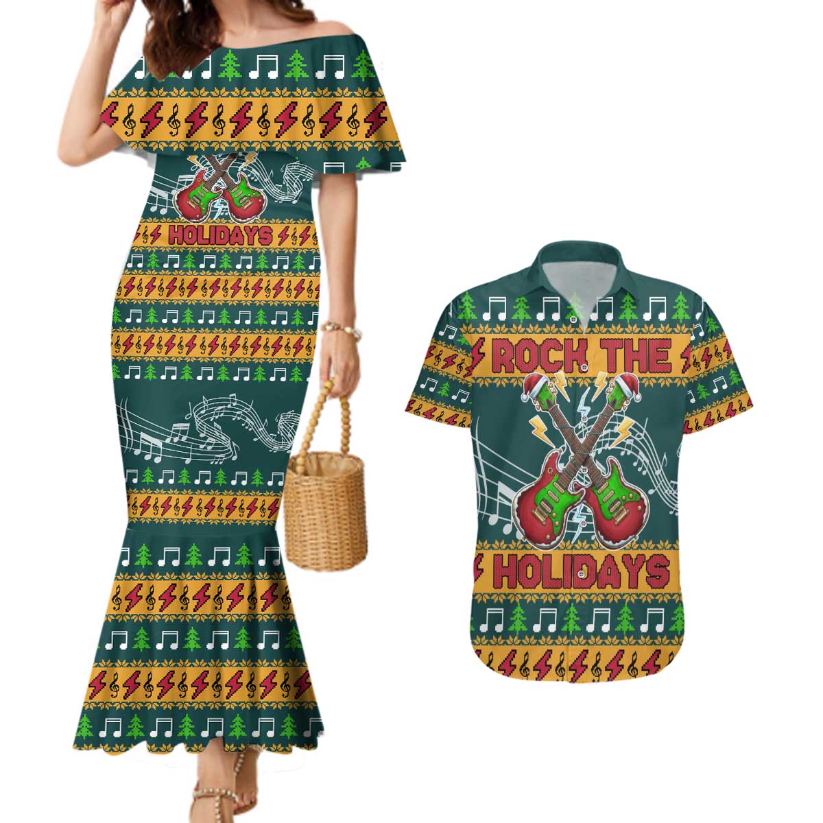 Rock The Holidays Guitar Christmas Couples Matching Mermaid Dress and Hawaiian Shirt Xmas Holiday Patterns - Wonder Print Shop