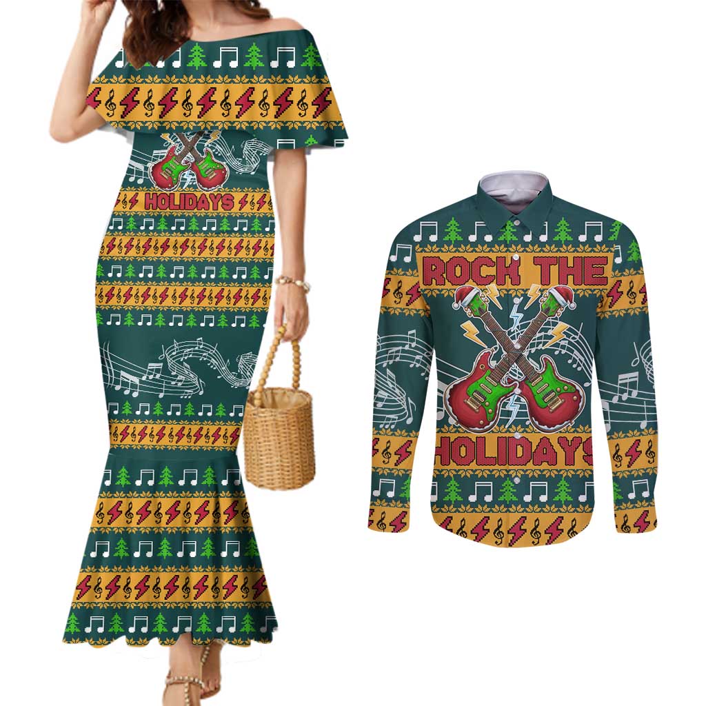 Rock The Holidays Guitar Christmas Couples Matching Mermaid Dress and Long Sleeve Button Shirt Xmas Holiday Patterns - Wonder Print Shop