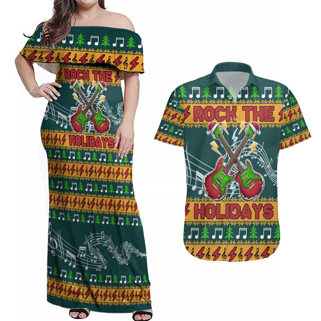 Rock The Holidays Guitar Christmas Couples Matching Off Shoulder Maxi Dress and Hawaiian Shirt Xmas Holiday Patterns - Wonder Print Shop