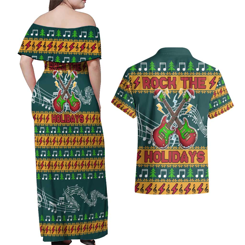 Rock The Holidays Guitar Christmas Couples Matching Off Shoulder Maxi Dress and Hawaiian Shirt Xmas Holiday Patterns - Wonder Print Shop