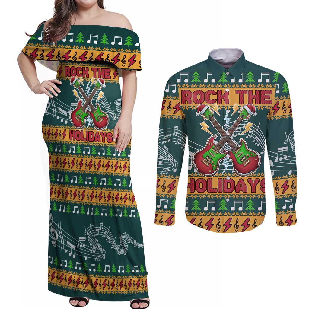 Rock The Holidays Guitar Christmas Couples Matching Off Shoulder Maxi Dress and Long Sleeve Button Shirt Xmas Holiday Patterns - Wonder Print Shop