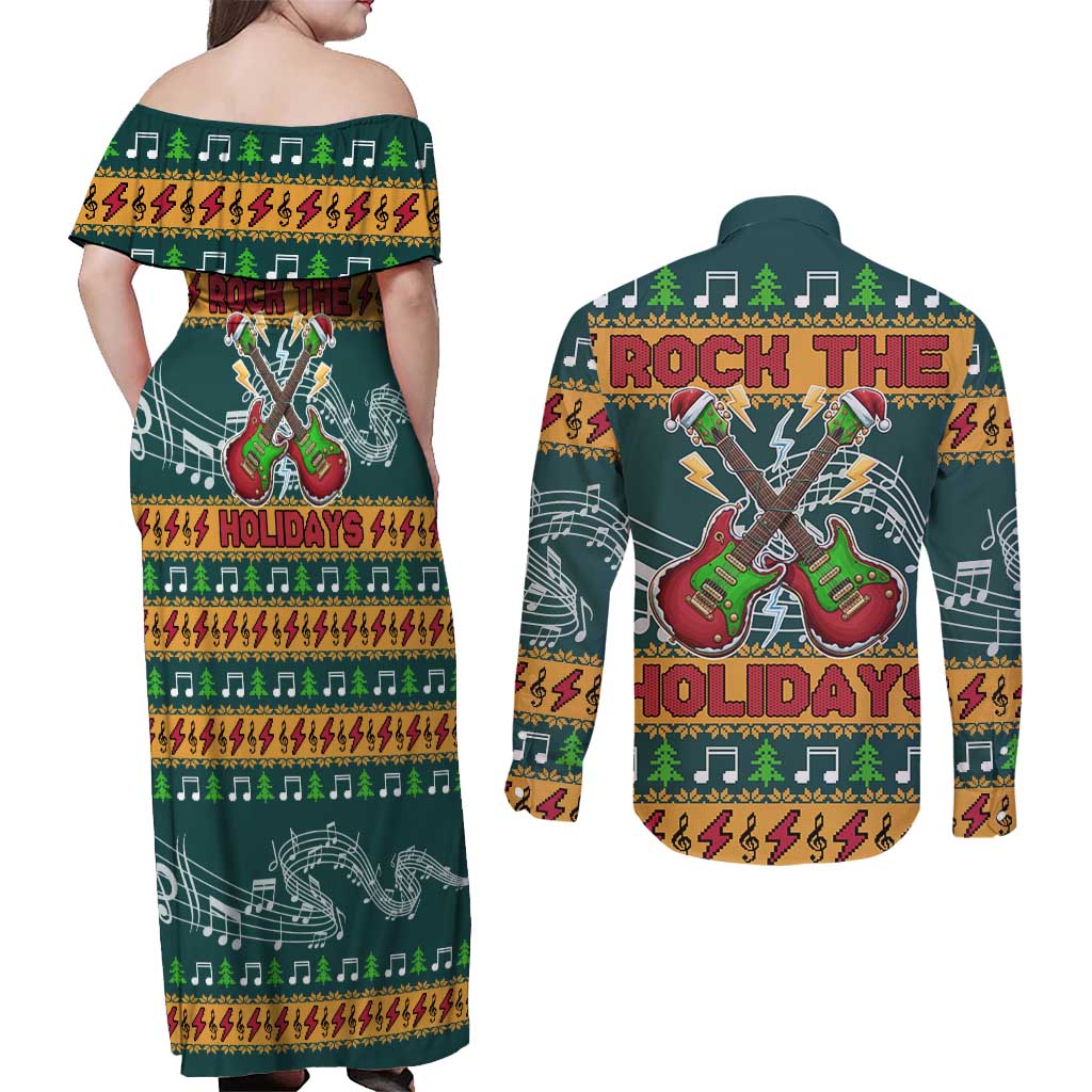Rock The Holidays Guitar Christmas Couples Matching Off Shoulder Maxi Dress and Long Sleeve Button Shirt Xmas Holiday Patterns - Wonder Print Shop