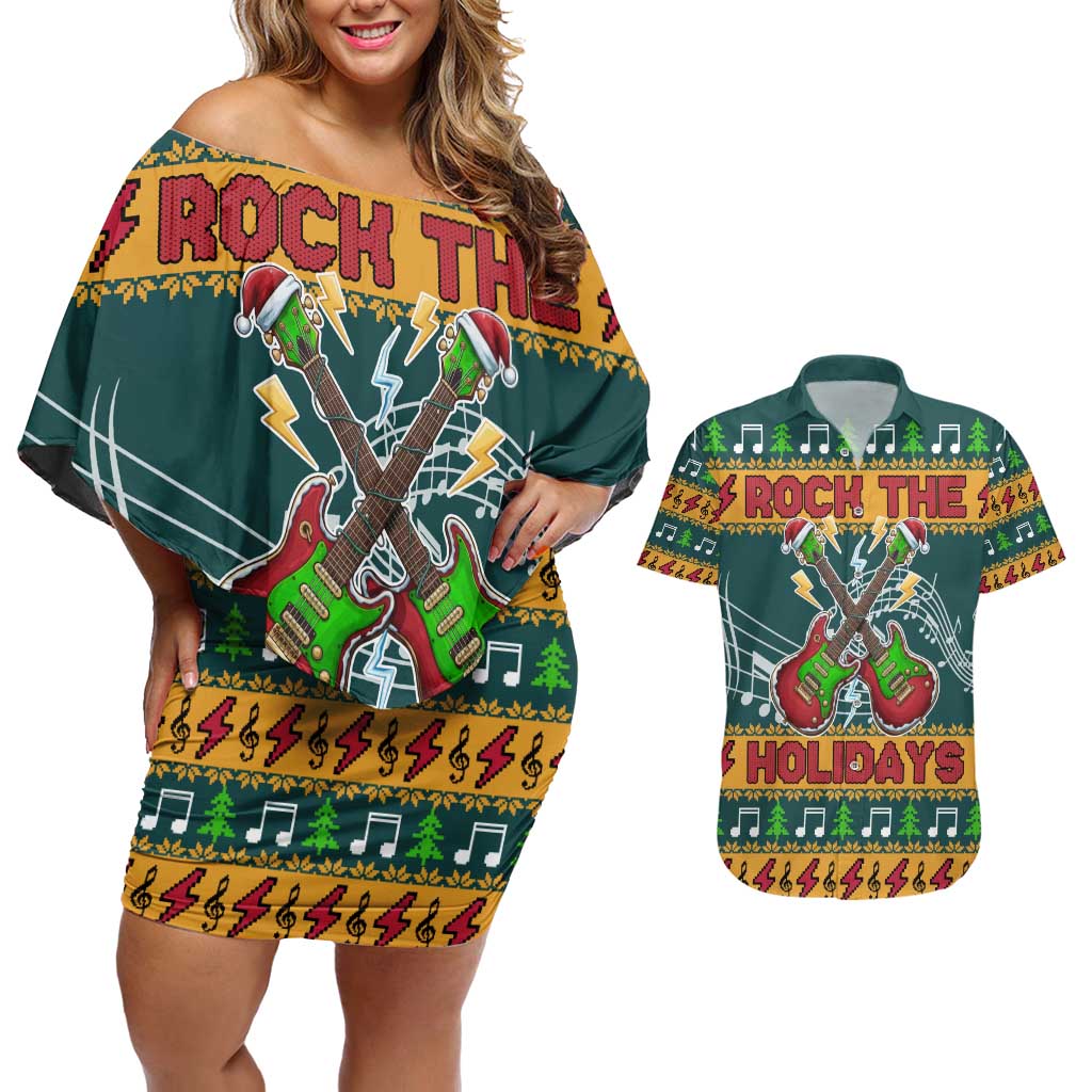 Rock The Holidays Guitar Christmas Couples Matching Off Shoulder Short Dress and Hawaiian Shirt Xmas Holiday Patterns - Wonder Print Shop