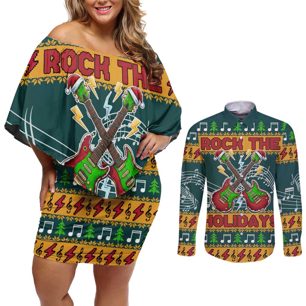 Rock The Holidays Guitar Christmas Couples Matching Off Shoulder Short Dress and Long Sleeve Button Shirt Xmas Holiday Patterns - Wonder Print Shop