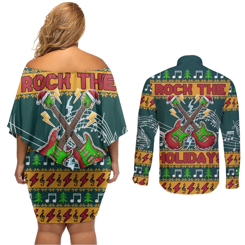 Rock The Holidays Guitar Christmas Couples Matching Off Shoulder Short Dress and Long Sleeve Button Shirt Xmas Holiday Patterns - Wonder Print Shop
