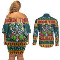 Rock The Holidays Guitar Christmas Couples Matching Off Shoulder Short Dress and Long Sleeve Button Shirt Xmas Holiday Patterns - Wonder Print Shop