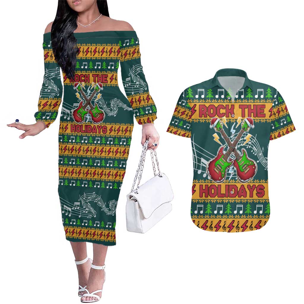 Rock The Holidays Guitar Christmas Couples Matching Off The Shoulder Long Sleeve Dress and Hawaiian Shirt Xmas Holiday Patterns - Wonder Print Shop