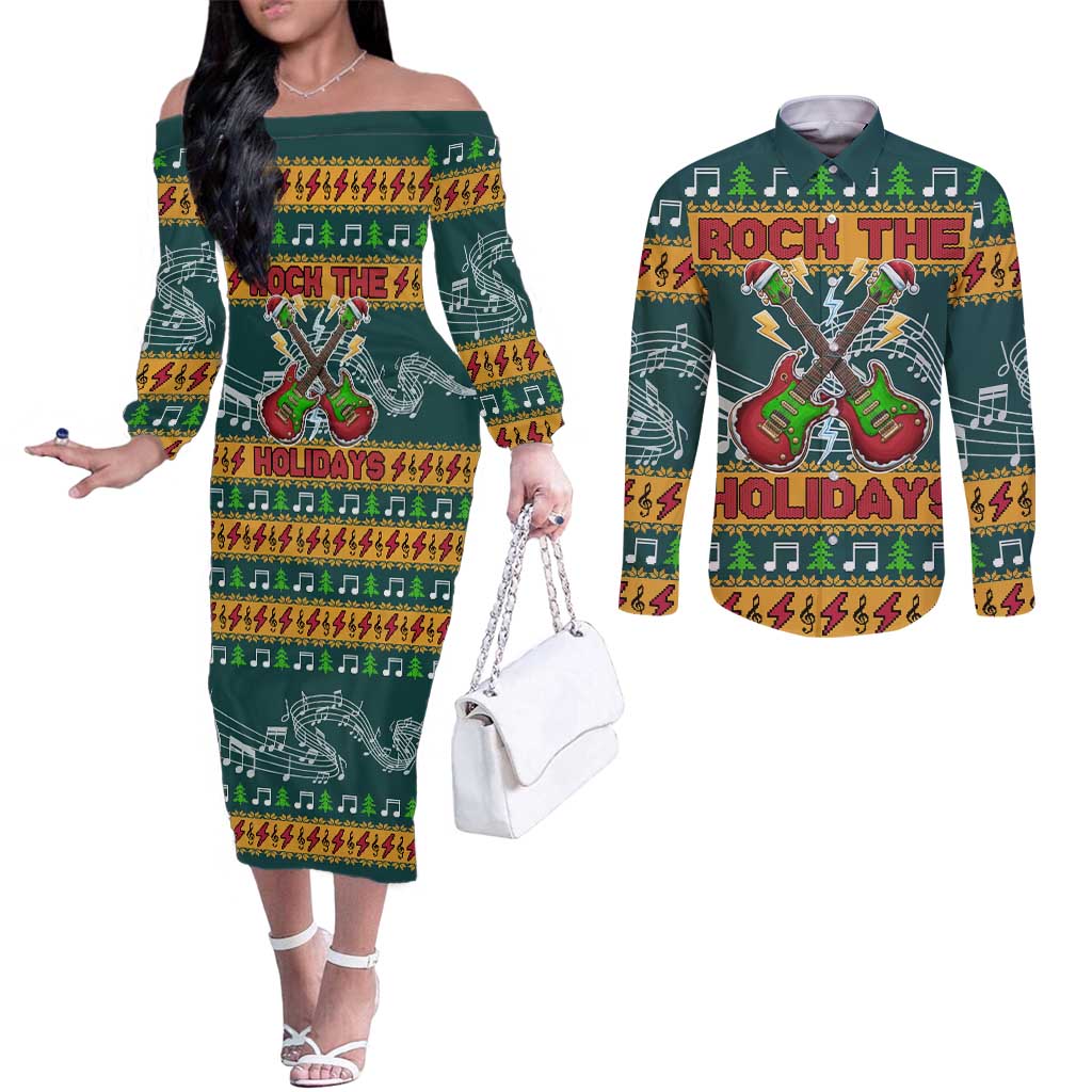Rock The Holidays Guitar Christmas Couples Matching Off The Shoulder Long Sleeve Dress and Long Sleeve Button Shirt Xmas Holiday Patterns - Wonder Print Shop