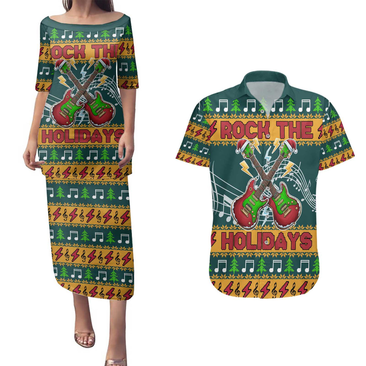 Rock The Holidays Guitar Christmas Couples Matching Puletasi and Hawaiian Shirt Xmas Holiday Patterns - Wonder Print Shop