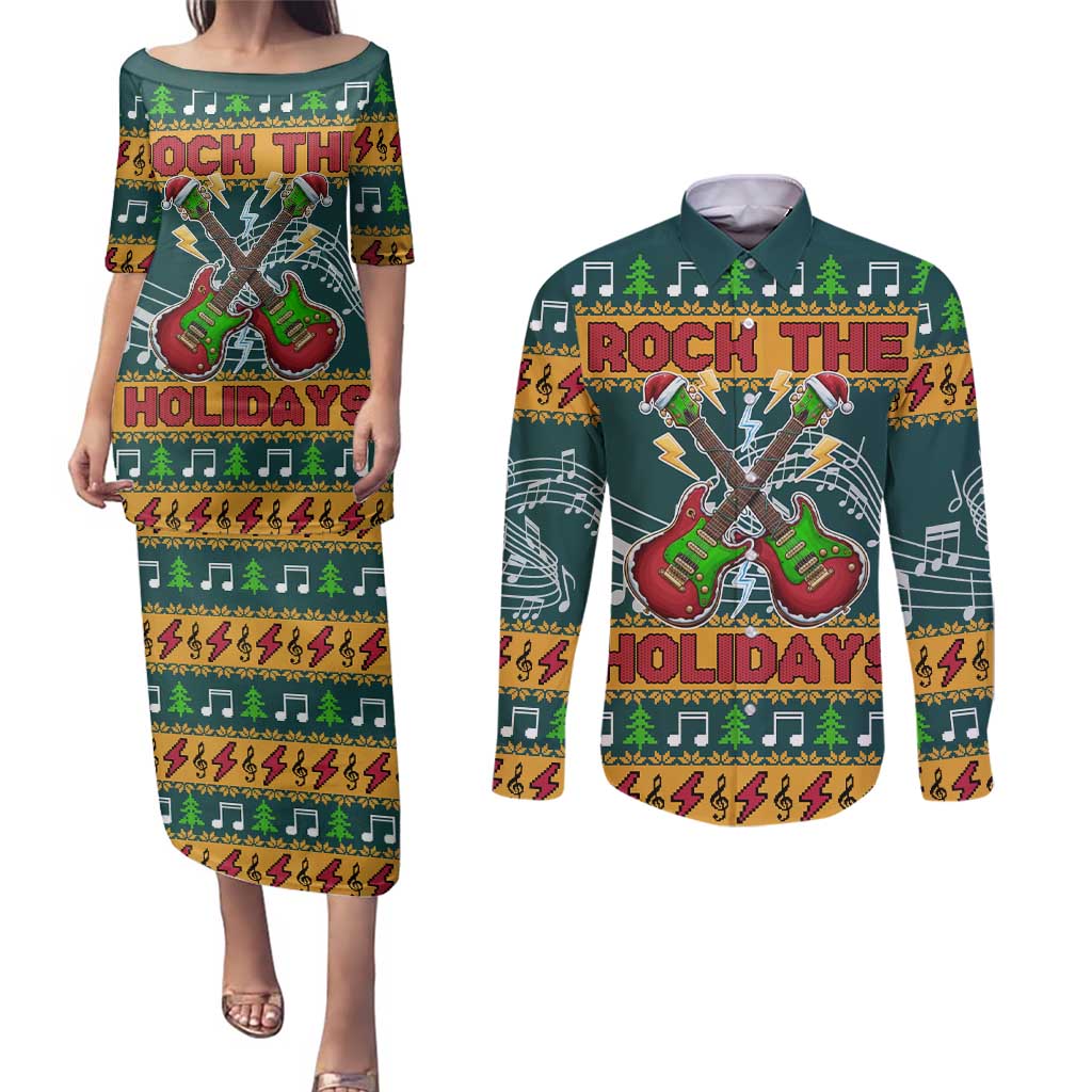 Rock The Holidays Guitar Christmas Couples Matching Puletasi and Long Sleeve Button Shirt Xmas Holiday Patterns - Wonder Print Shop
