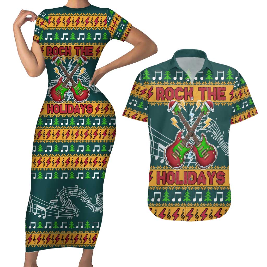 Rock The Holidays Guitar Christmas Couples Matching Short Sleeve Bodycon Dress and Hawaiian Shirt Xmas Holiday Patterns - Wonder Print Shop