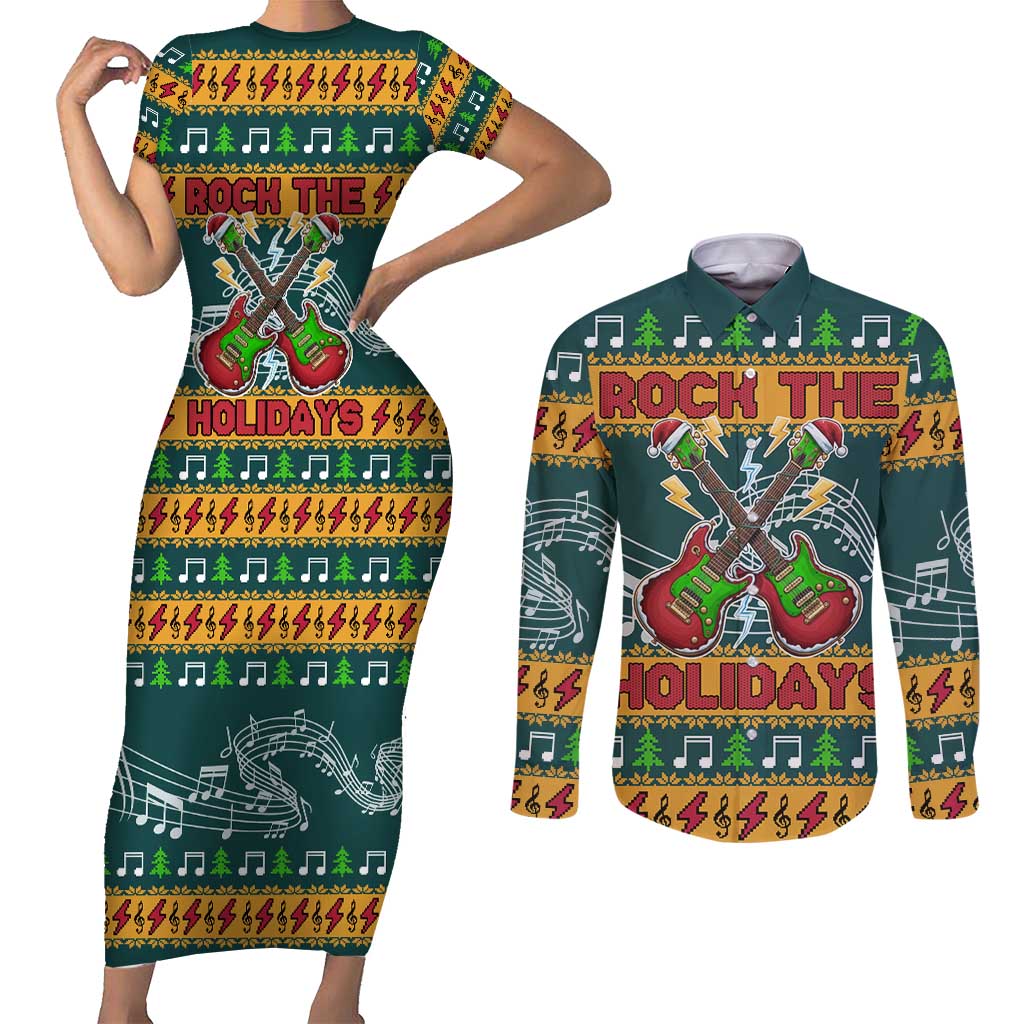 Rock The Holidays Guitar Christmas Couples Matching Short Sleeve Bodycon Dress and Long Sleeve Button Shirt Xmas Holiday Patterns - Wonder Print Shop