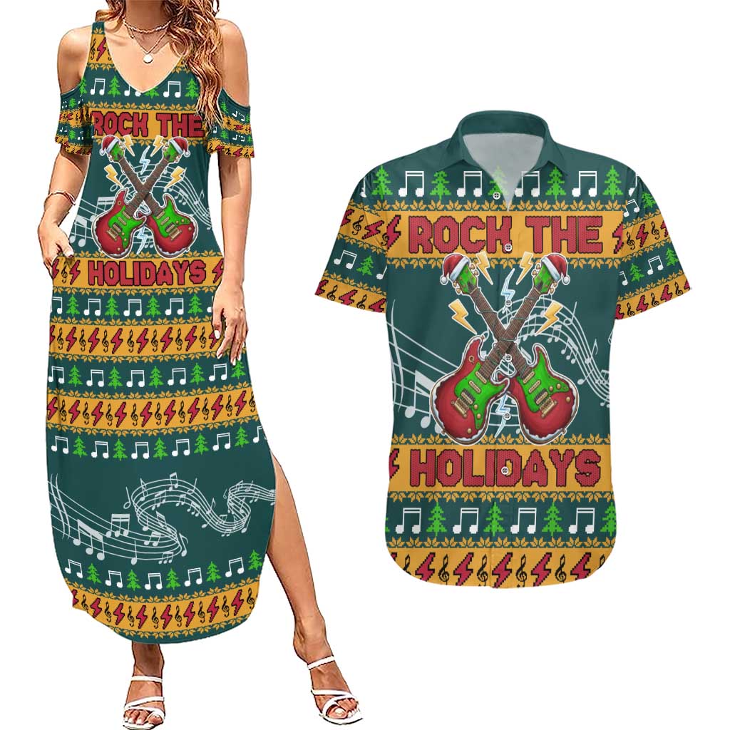 Rock The Holidays Guitar Christmas Couples Matching Summer Maxi Dress and Hawaiian Shirt Xmas Holiday Patterns - Wonder Print Shop
