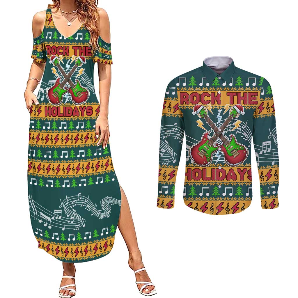 Rock The Holidays Guitar Christmas Couples Matching Summer Maxi Dress and Long Sleeve Button Shirt Xmas Holiday Patterns - Wonder Print Shop