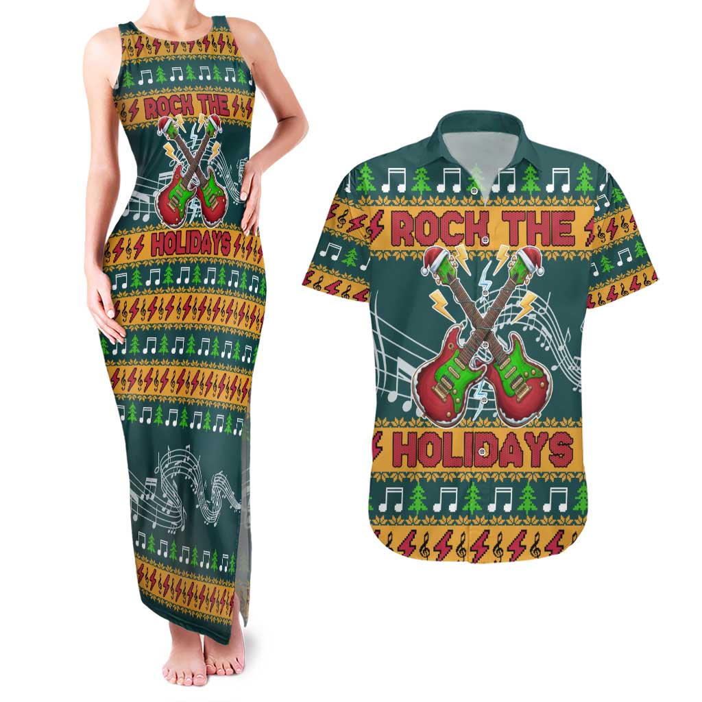 Rock The Holidays Guitar Christmas Couples Matching Tank Maxi Dress and Hawaiian Shirt Xmas Holiday Patterns - Wonder Print Shop