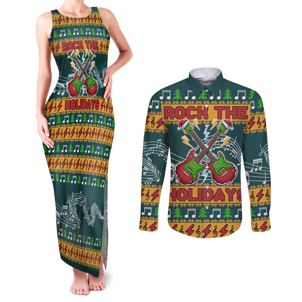 Rock The Holidays Guitar Christmas Couples Matching Tank Maxi Dress and Long Sleeve Button Shirt Xmas Holiday Patterns - Wonder Print Shop