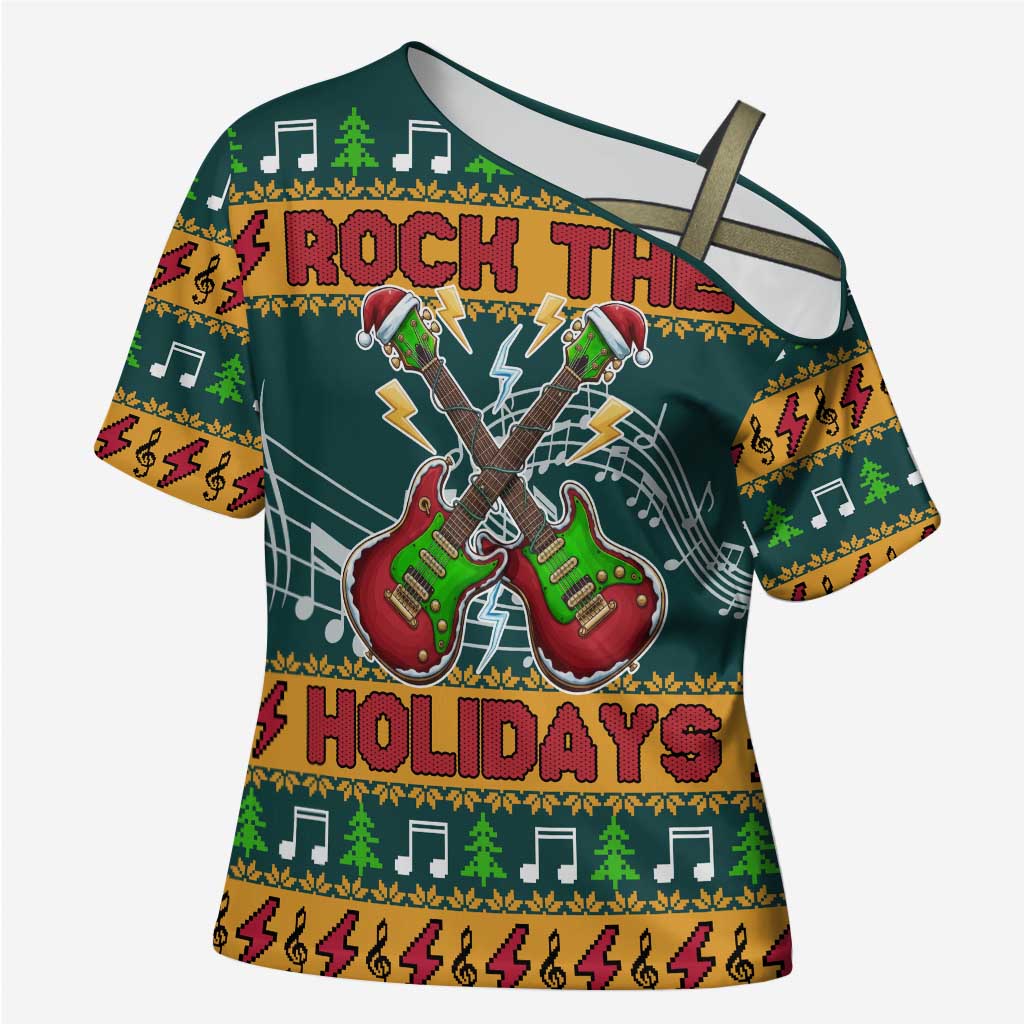 Rock The Holidays Guitar Christmas Cross Shoulder Shirt Xmas Holiday Patterns - Wonder Print Shop