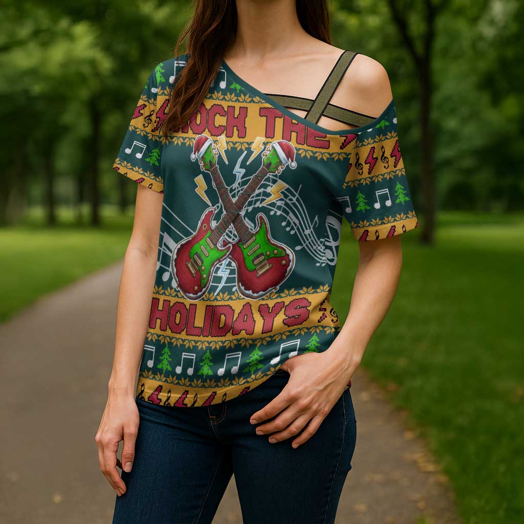 Rock The Holidays Guitar Christmas Cross Shoulder Shirt Xmas Holiday Patterns - Wonder Print Shop