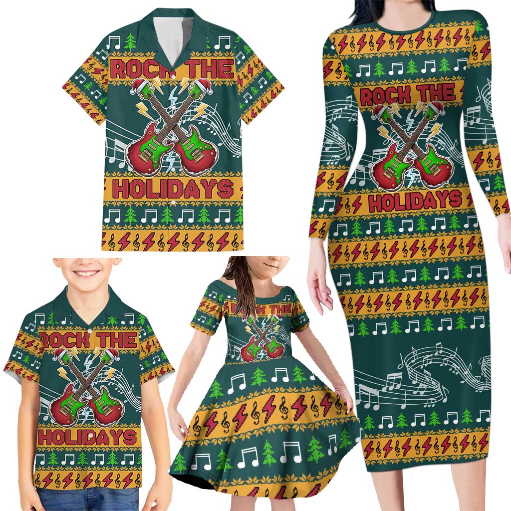 Rock The Holidays Guitar Christmas Family Matching Long Sleeve Bodycon Dress and Hawaiian Shirt Xmas Holiday Patterns - Wonder Print Shop