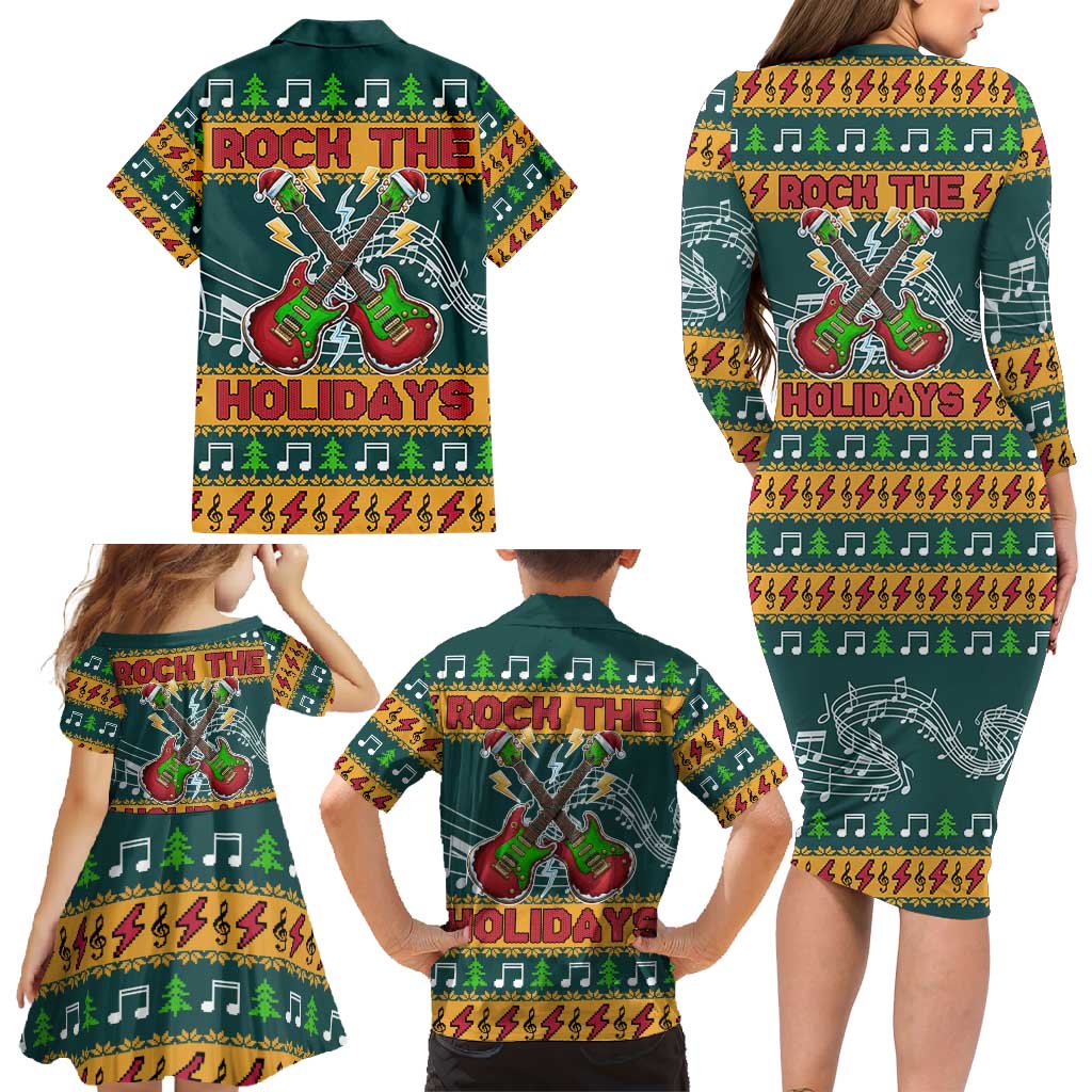 Rock The Holidays Guitar Christmas Family Matching Long Sleeve Bodycon Dress and Hawaiian Shirt Xmas Holiday Patterns - Wonder Print Shop