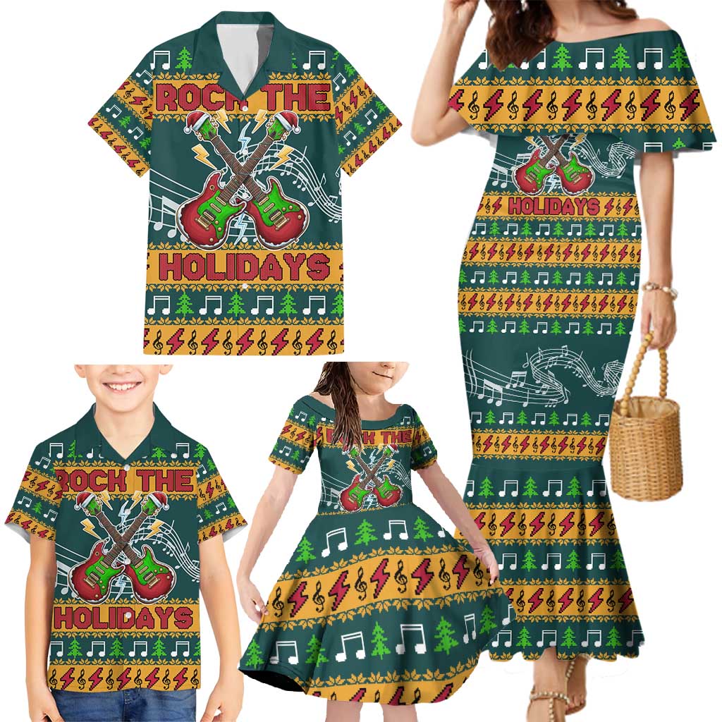 Rock The Holidays Guitar Christmas Family Matching Mermaid Dress and Hawaiian Shirt Xmas Holiday Patterns - Wonder Print Shop