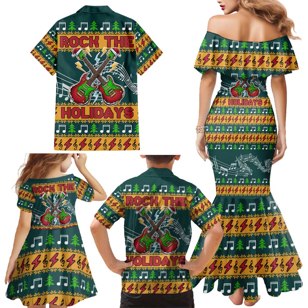 Rock The Holidays Guitar Christmas Family Matching Mermaid Dress and Hawaiian Shirt Xmas Holiday Patterns - Wonder Print Shop