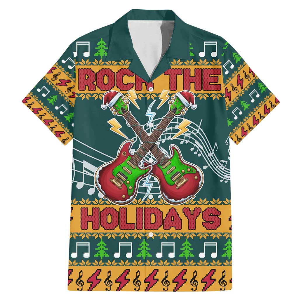 Rock The Holidays Guitar Christmas Family Matching Mermaid Dress and Hawaiian Shirt Xmas Holiday Patterns - Wonder Print Shop