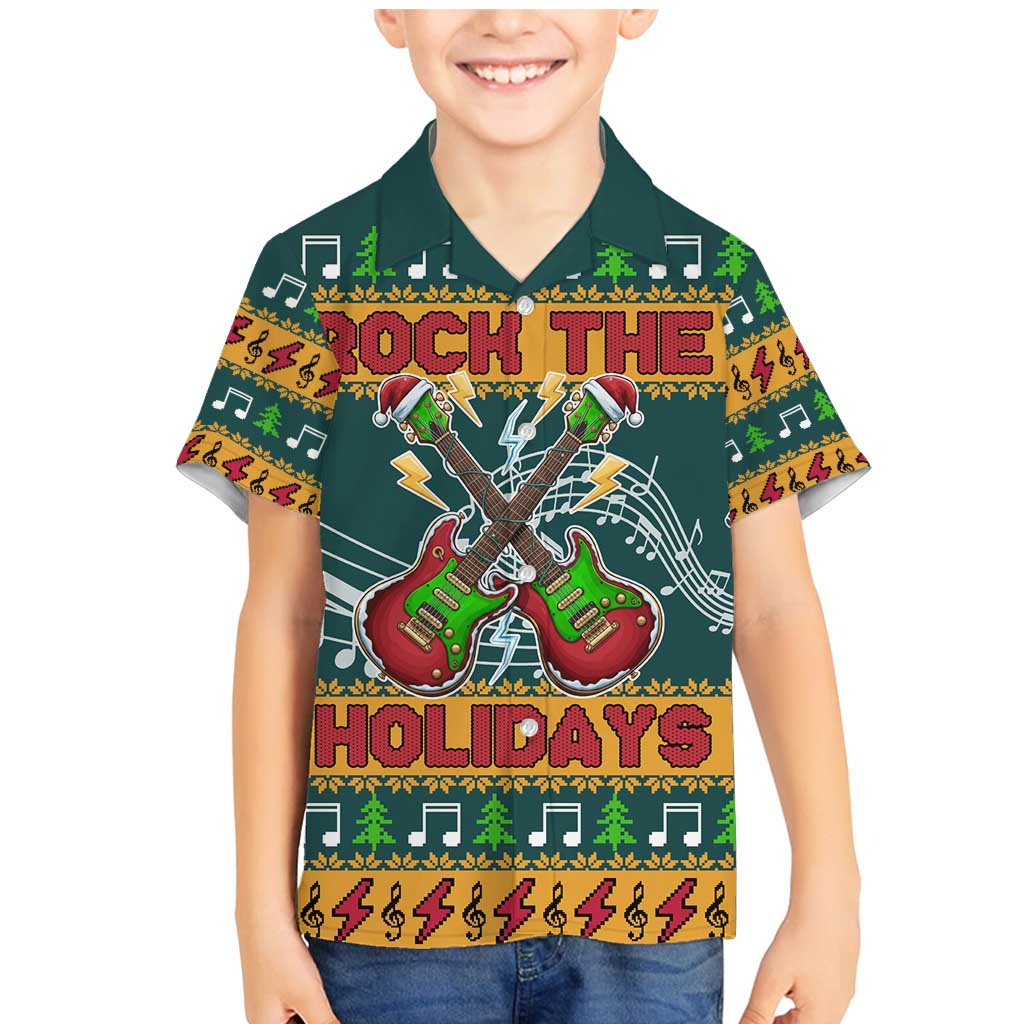 Rock The Holidays Guitar Christmas Family Matching Mermaid Dress and Hawaiian Shirt Xmas Holiday Patterns - Wonder Print Shop