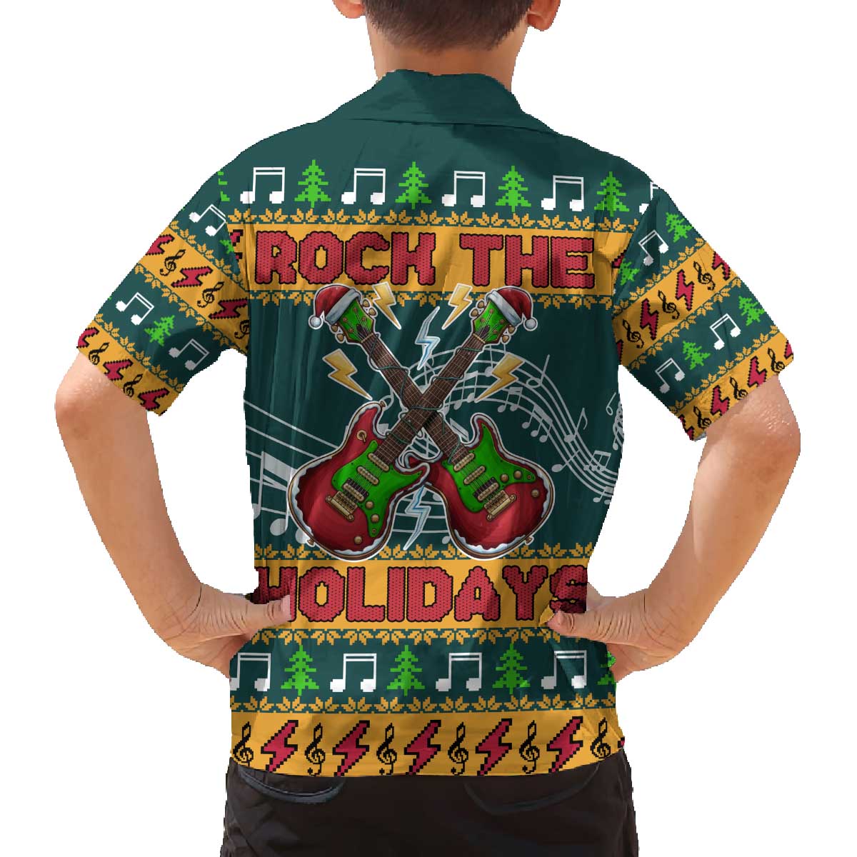 Rock The Holidays Guitar Christmas Family Matching Off The Shoulder Long Sleeve Dress and Hawaiian Shirt Xmas Holiday Patterns - Wonder Print Shop