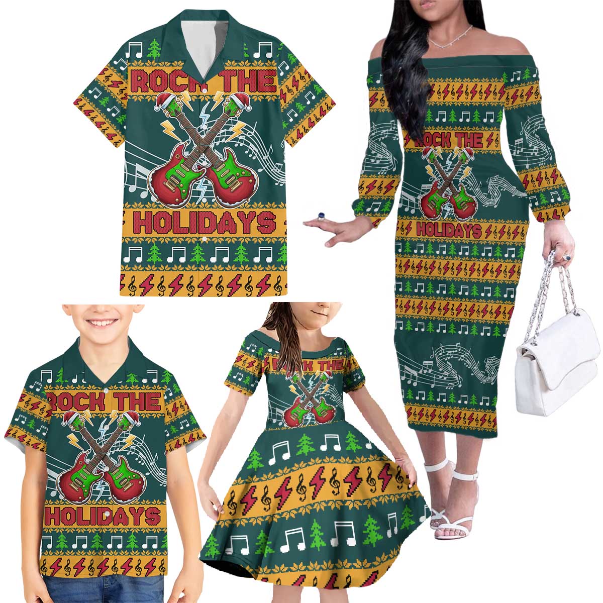 Rock The Holidays Guitar Christmas Family Matching Off The Shoulder Long Sleeve Dress and Hawaiian Shirt Xmas Holiday Patterns - Wonder Print Shop