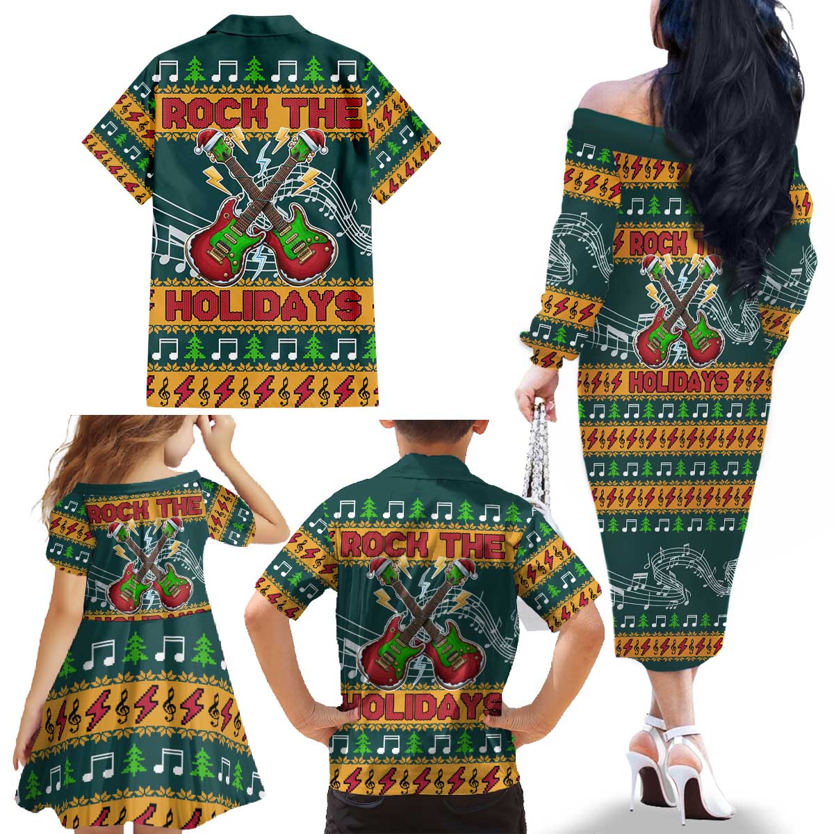 Rock The Holidays Guitar Christmas Family Matching Off The Shoulder Long Sleeve Dress and Hawaiian Shirt Xmas Holiday Patterns - Wonder Print Shop