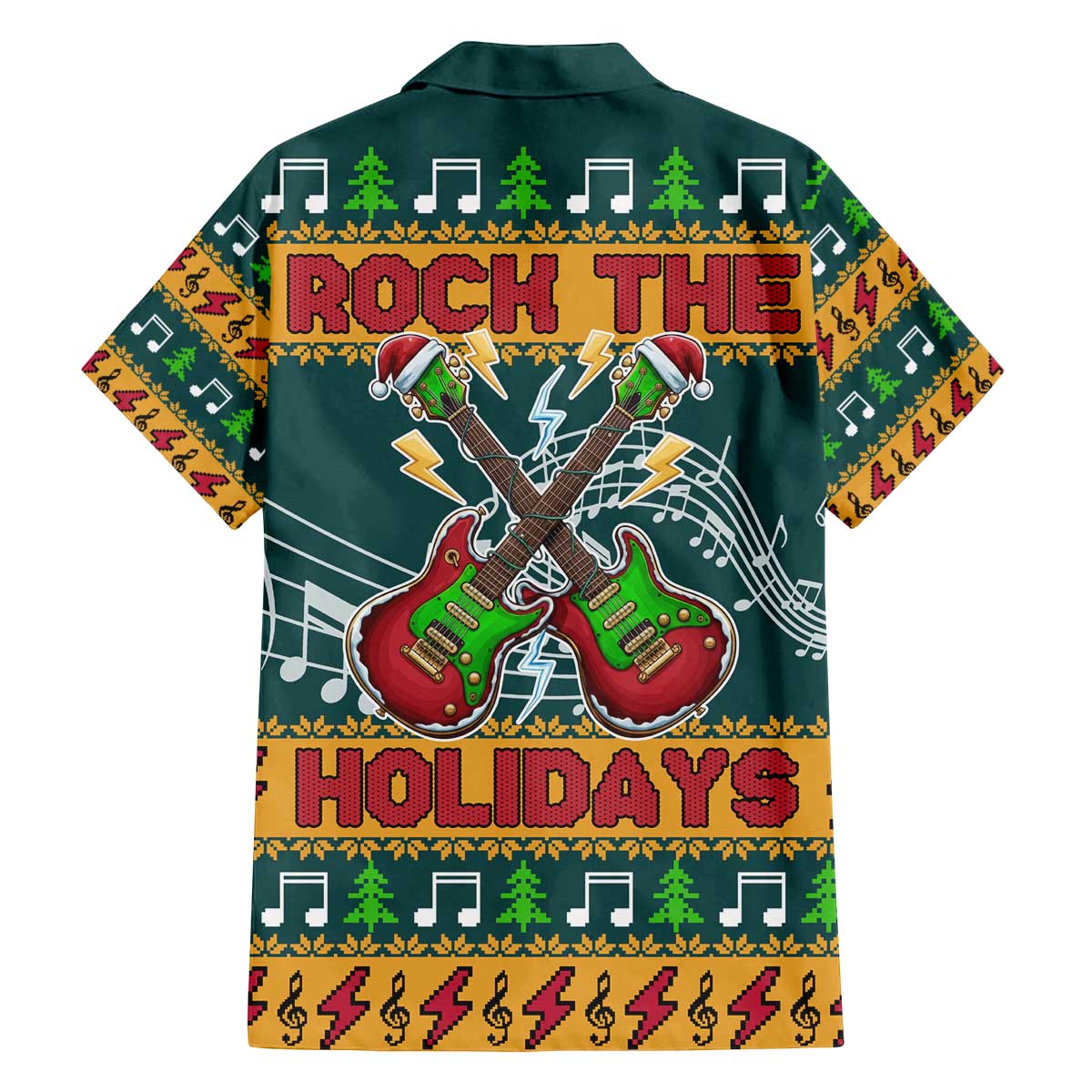 Rock The Holidays Guitar Christmas Family Matching Off The Shoulder Long Sleeve Dress and Hawaiian Shirt Xmas Holiday Patterns - Wonder Print Shop