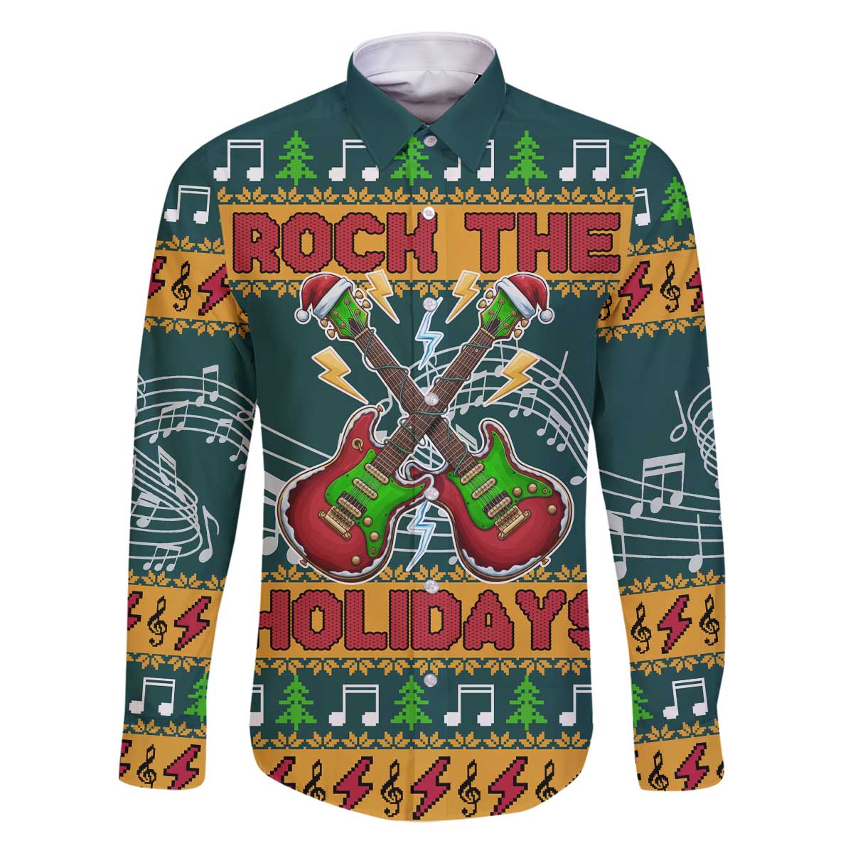 Rock The Holidays Guitar Christmas Family Matching Off The Shoulder Long Sleeve Dress and Hawaiian Shirt Xmas Holiday Patterns - Wonder Print Shop