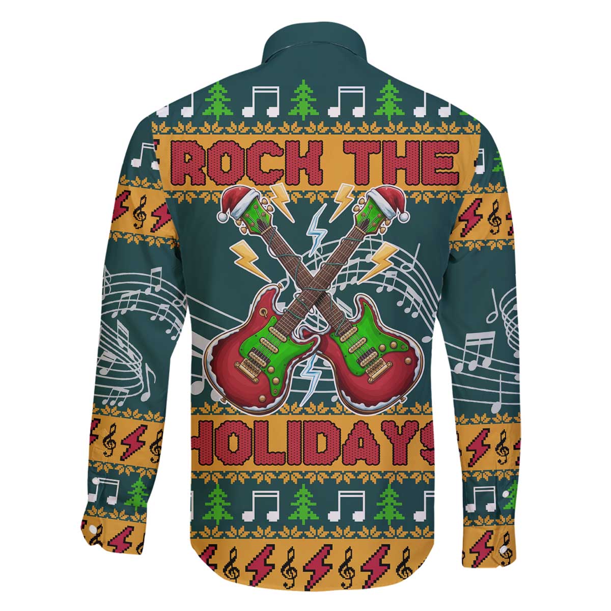 Rock The Holidays Guitar Christmas Family Matching Off The Shoulder Long Sleeve Dress and Hawaiian Shirt Xmas Holiday Patterns - Wonder Print Shop