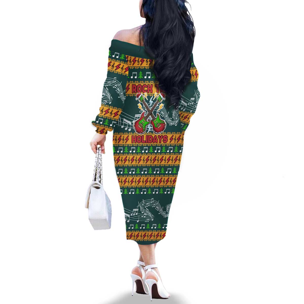 Rock The Holidays Guitar Christmas Family Matching Off The Shoulder Long Sleeve Dress and Hawaiian Shirt Xmas Holiday Patterns - Wonder Print Shop