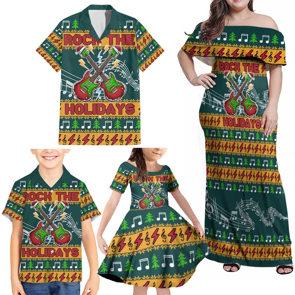 Rock The Holidays Guitar Christmas Family Matching Off Shoulder Maxi Dress and Hawaiian Shirt Xmas Holiday Patterns - Wonder Print Shop