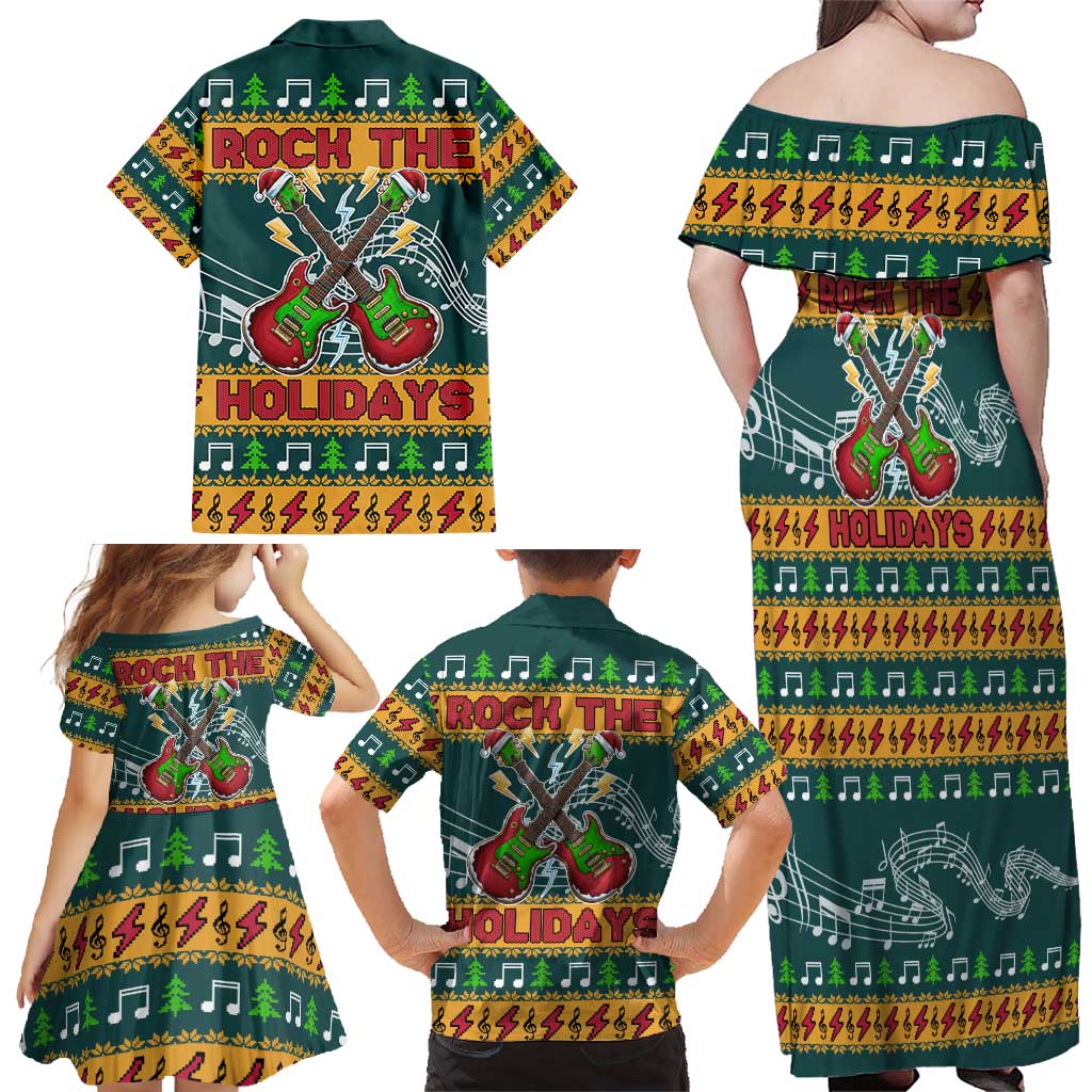 Rock The Holidays Guitar Christmas Family Matching Off Shoulder Maxi Dress and Hawaiian Shirt Xmas Holiday Patterns - Wonder Print Shop