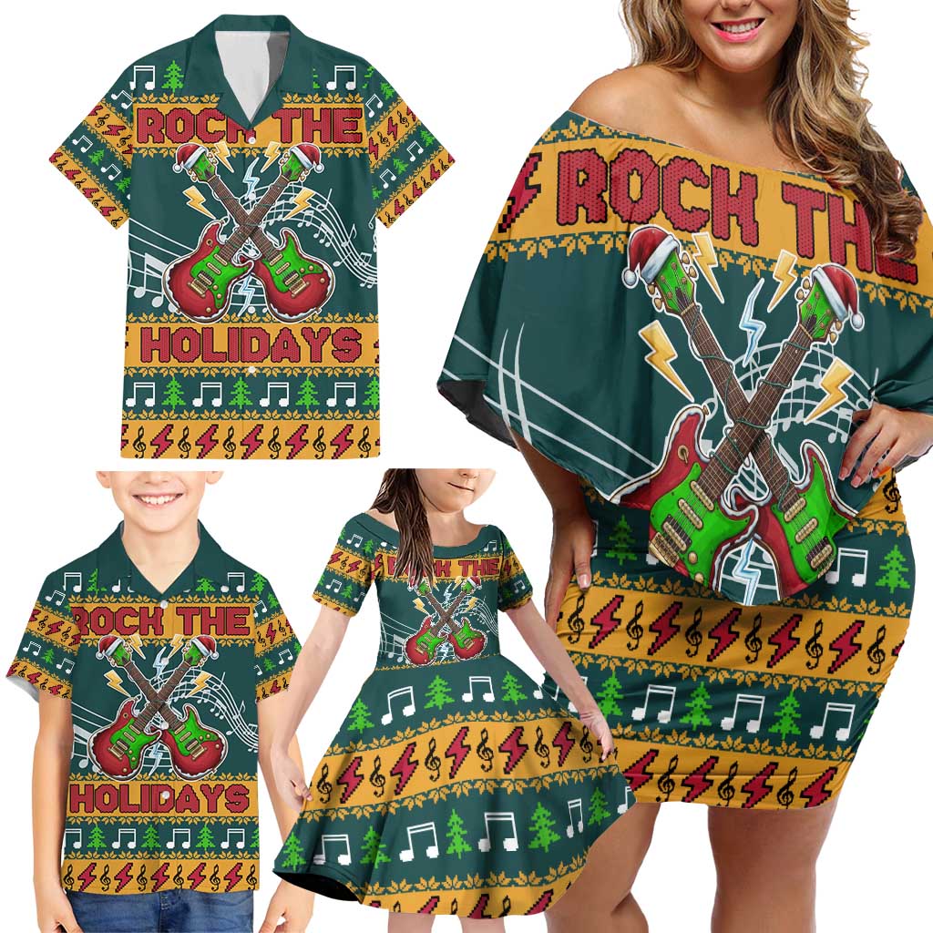 Rock The Holidays Guitar Christmas Family Matching Off Shoulder Short Dress and Hawaiian Shirt Xmas Holiday Patterns - Wonder Print Shop