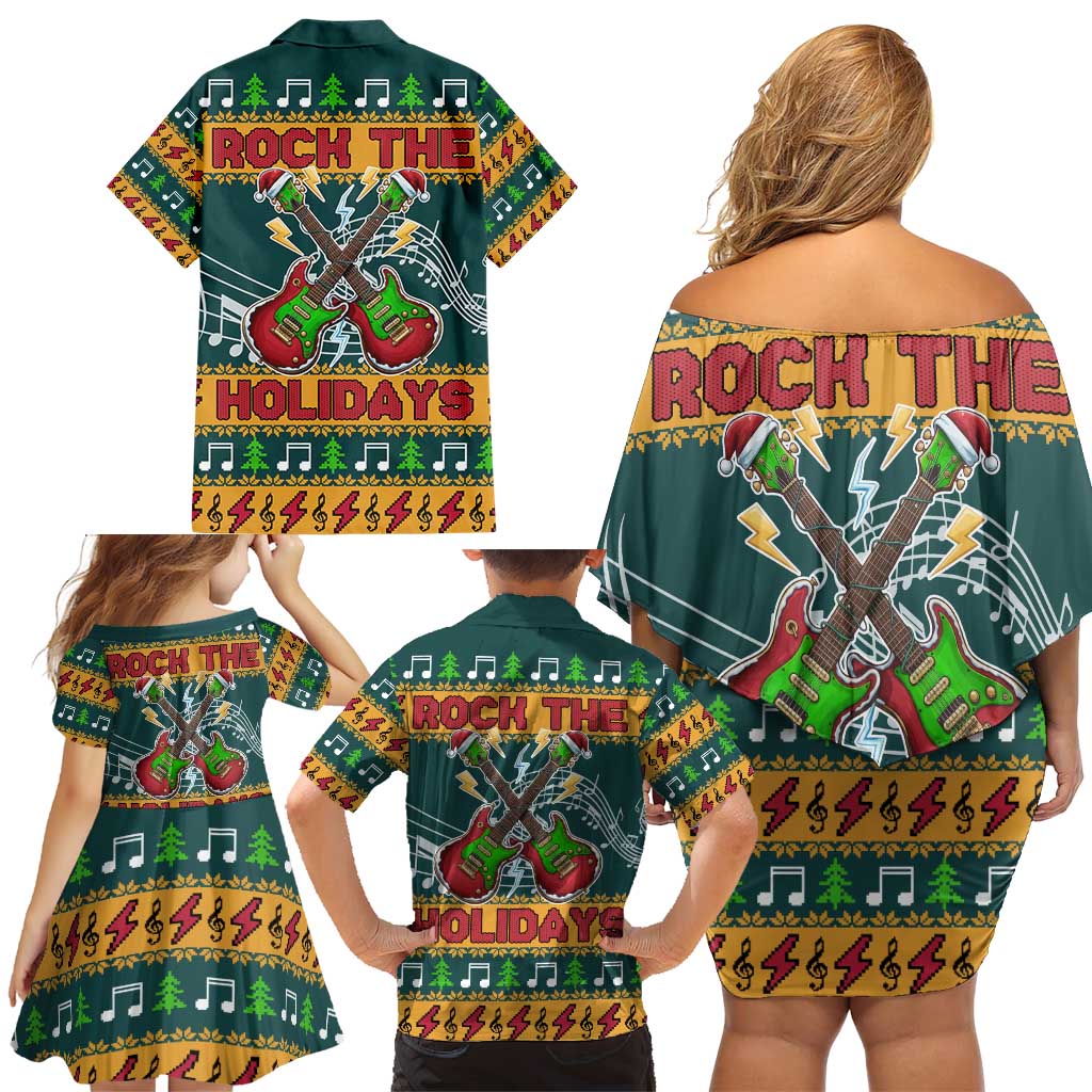 Rock The Holidays Guitar Christmas Family Matching Off Shoulder Short Dress and Hawaiian Shirt Xmas Holiday Patterns - Wonder Print Shop