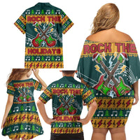 Rock The Holidays Guitar Christmas Family Matching Off Shoulder Short Dress and Hawaiian Shirt Xmas Holiday Patterns - Wonder Print Shop