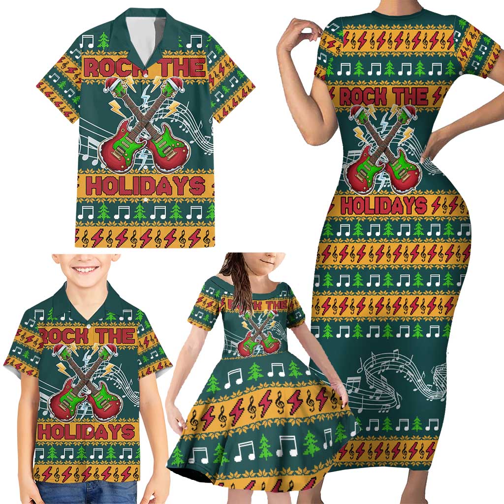 Rock The Holidays Guitar Christmas Family Matching Short Sleeve Bodycon Dress and Hawaiian Shirt Xmas Holiday Patterns - Wonder Print Shop