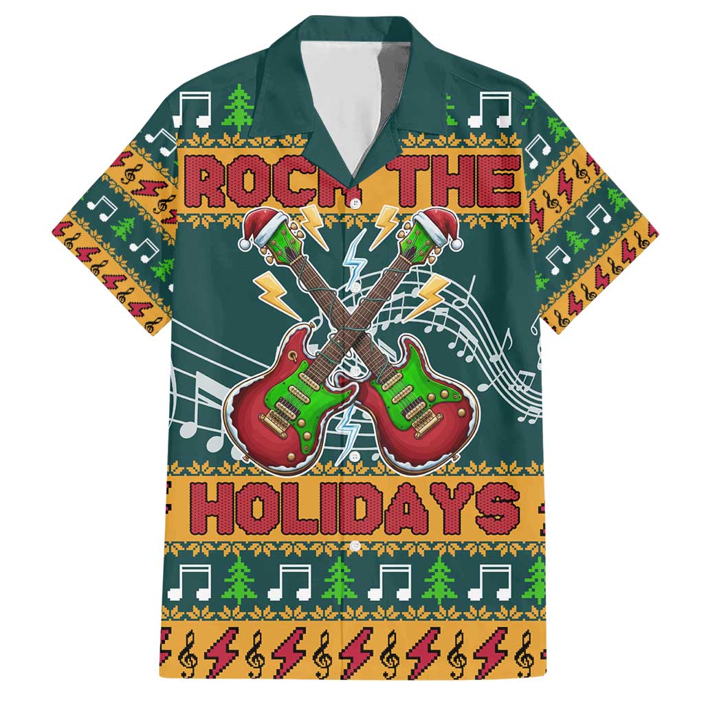 Rock The Holidays Guitar Christmas Family Matching Short Sleeve Bodycon Dress and Hawaiian Shirt Xmas Holiday Patterns - Wonder Print Shop