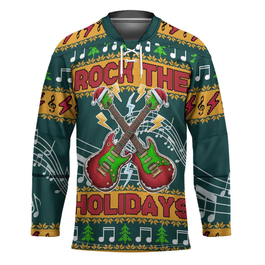 Rock The Holidays Guitar Christmas Hockey Jersey Xmas Holiday Patterns - Wonder Print Shop