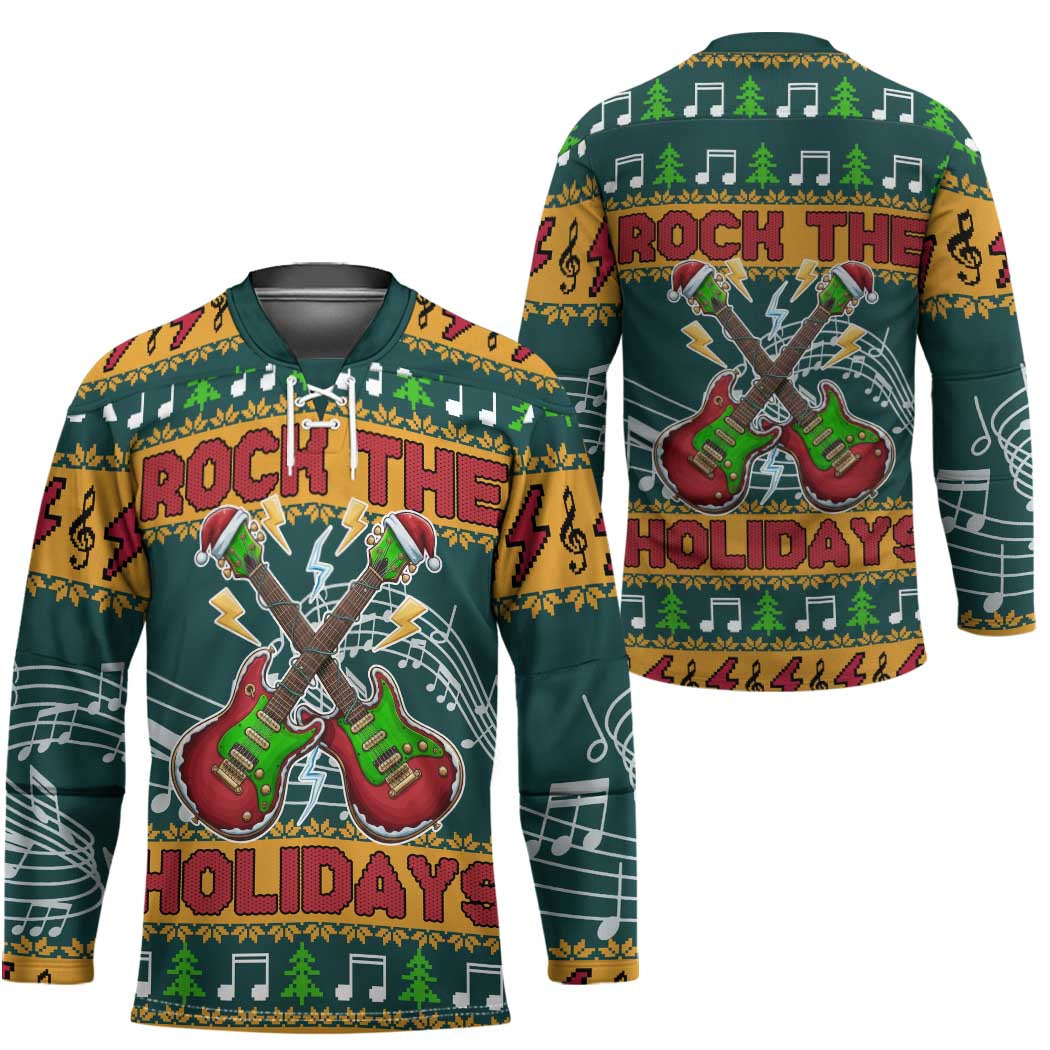 Rock The Holidays Guitar Christmas Hockey Jersey Xmas Holiday Patterns - Wonder Print Shop