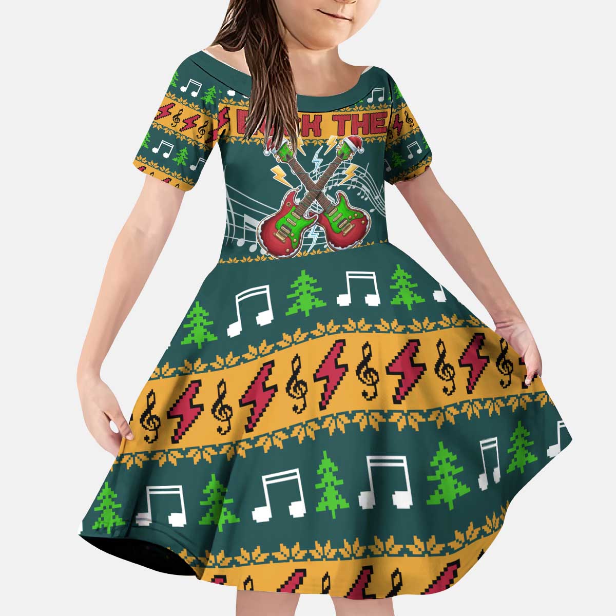 Rock The Holidays Guitar Christmas Kid Short Sleeve Dress Xmas Holiday Patterns - Wonder Print Shop