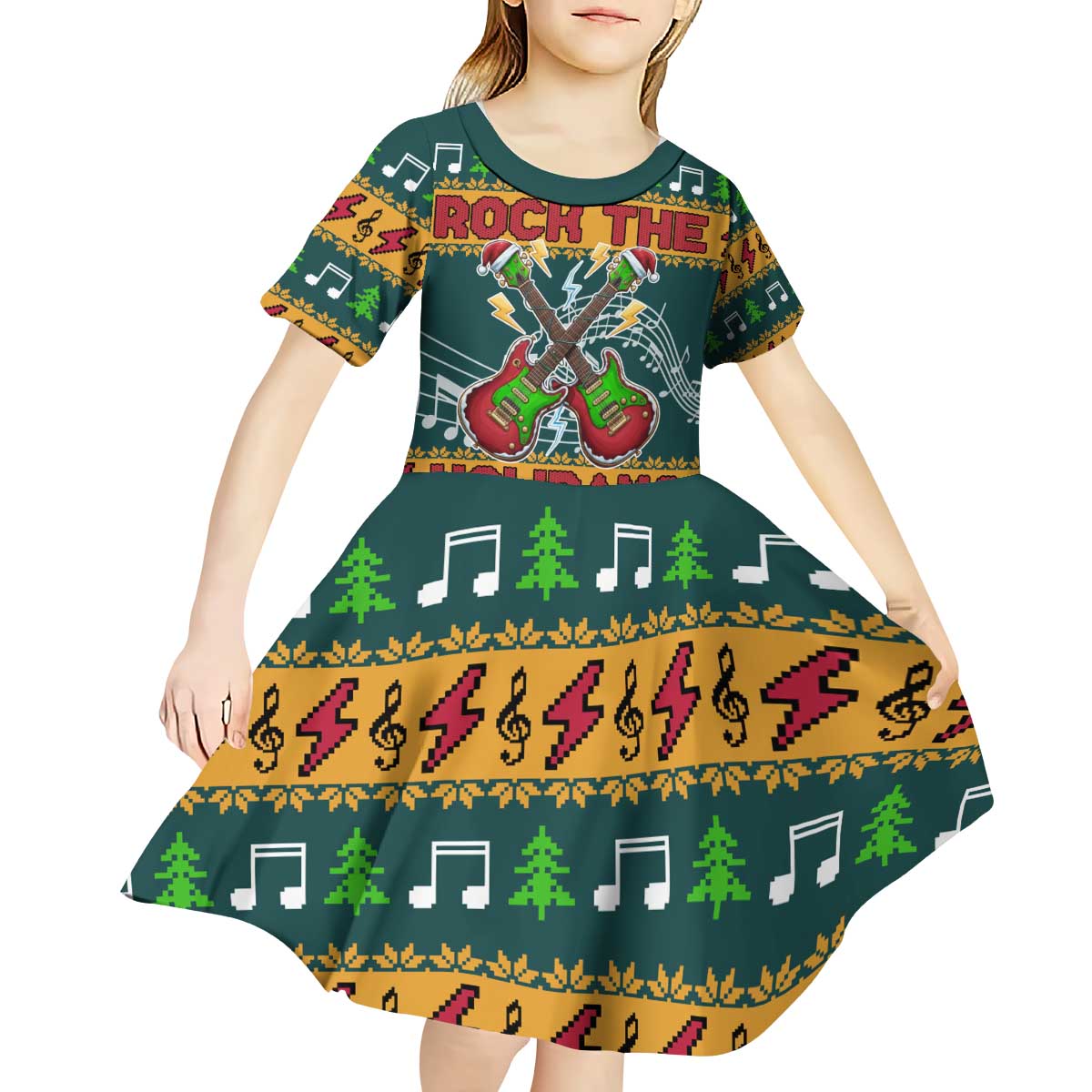Rock The Holidays Guitar Christmas Kid Short Sleeve Dress Xmas Holiday Patterns - Wonder Print Shop