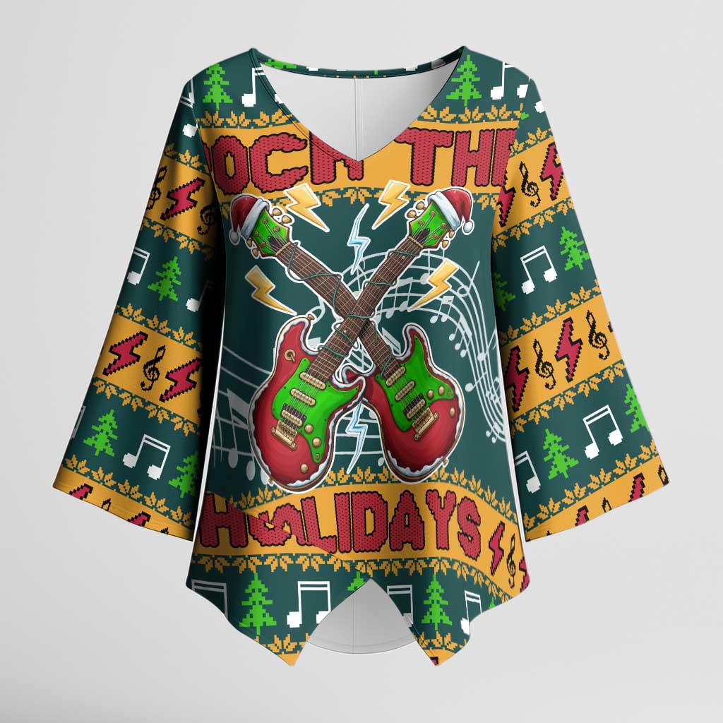 Rock The Holidays Guitar Christmas Kimono Sleeve Blouse Xmas Holiday Patterns - Wonder Print Shop