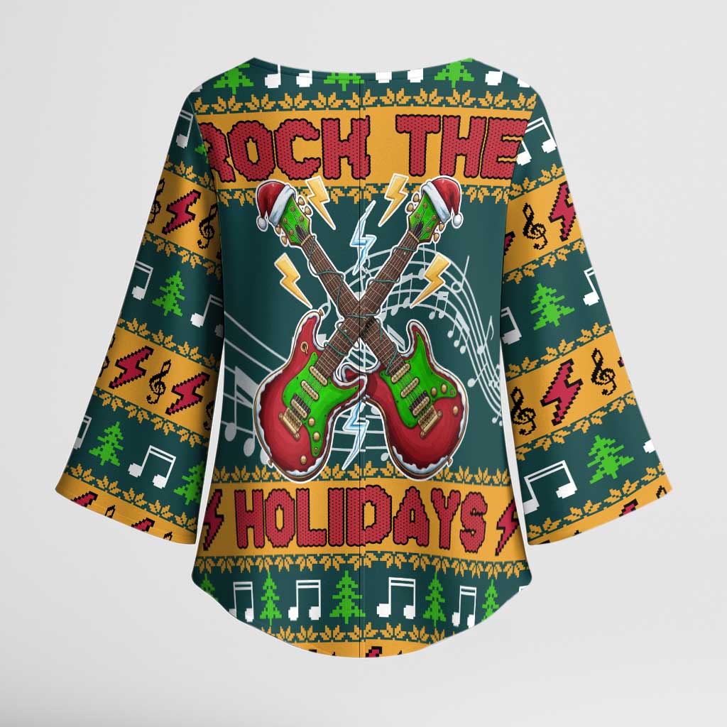 Rock The Holidays Guitar Christmas Kimono Sleeve Blouse Xmas Holiday Patterns - Wonder Print Shop