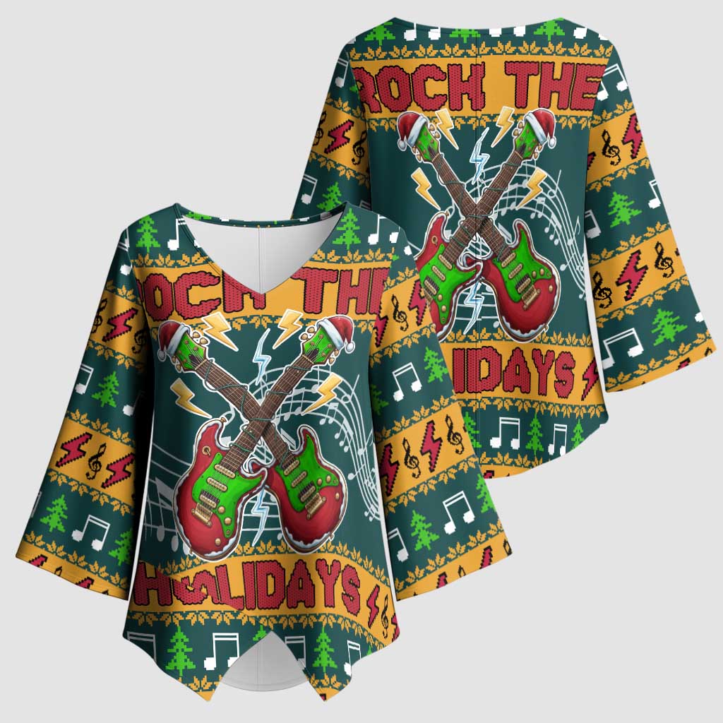 Rock The Holidays Guitar Christmas Kimono Sleeve Blouse Xmas Holiday Patterns - Wonder Print Shop