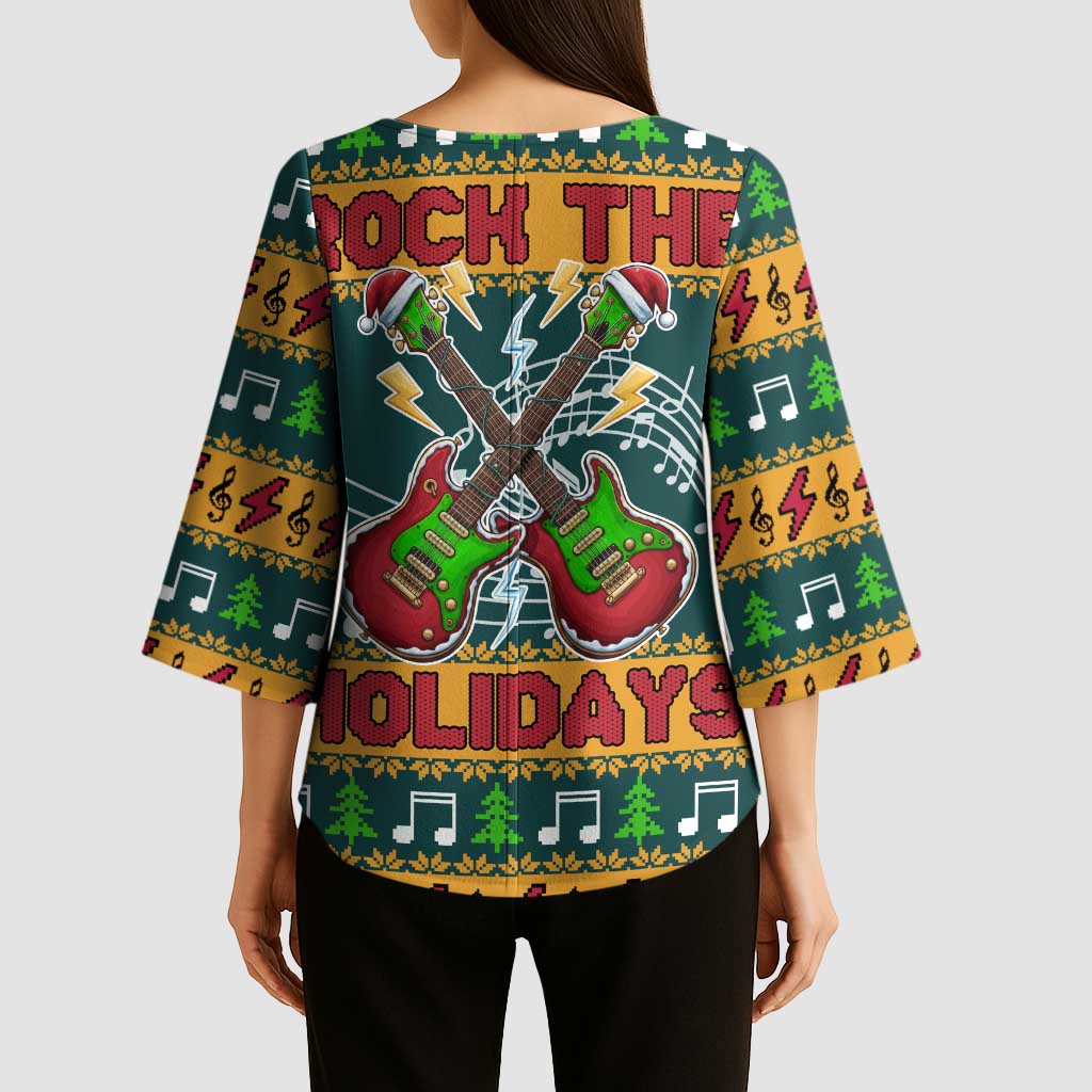 Rock The Holidays Guitar Christmas Kimono Sleeve Blouse Xmas Holiday Patterns - Wonder Print Shop